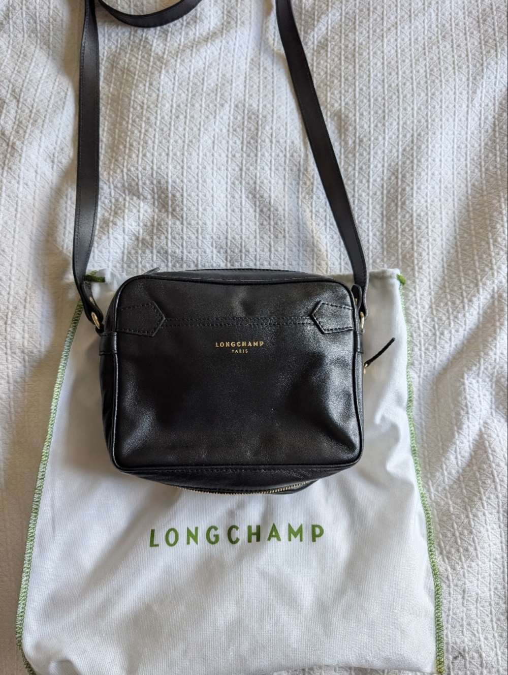 Vintage Longchamp Black Leather Mini Crossbody with Gold Logo
